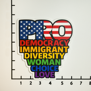 Rainbow “PRO” decal placed on a white background with a black measurement grid to show size.