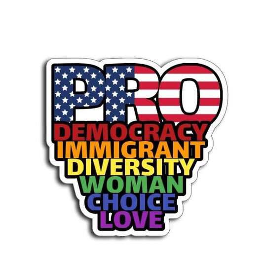 Rainbow “PRO” magnet or vinyl decal with American flag stars and stripes and bright pride colors, displayed on a white background with drop shadow.