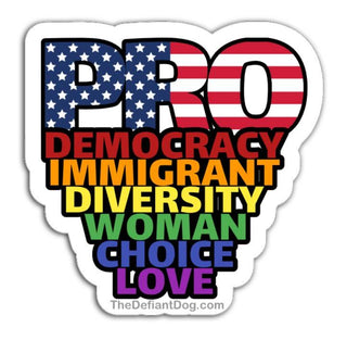 Sticker with text 'PRO DEMOCRACY IMMIGRANT DIVERSITY WOMAN CHOICE LOVE' featuring the American flag and rainbow colors on a white background.