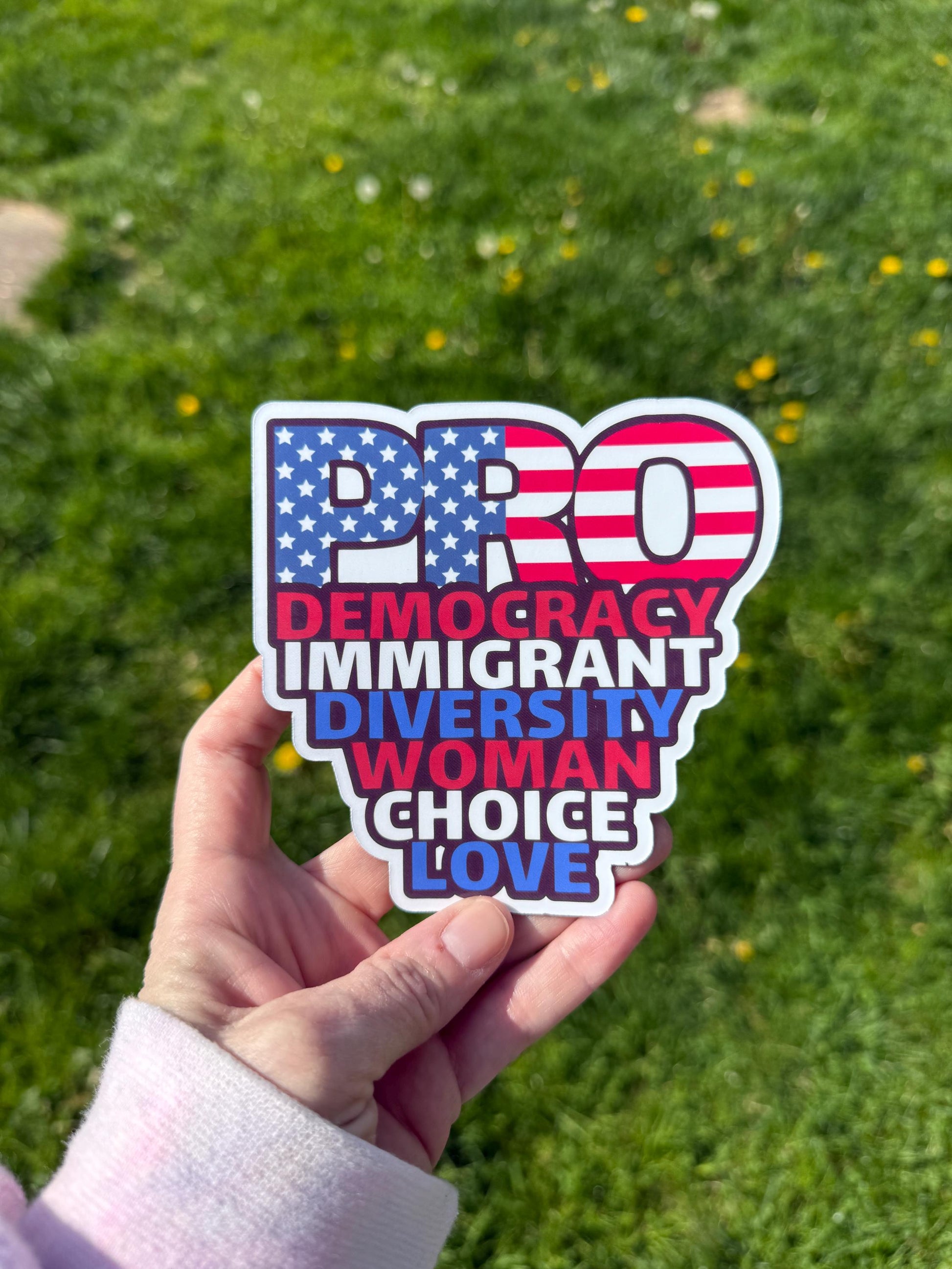 Patriotic "PRO Democracy, Immigrant, Diversity, Woman, Choice, Love" decal held in hand over green grass.