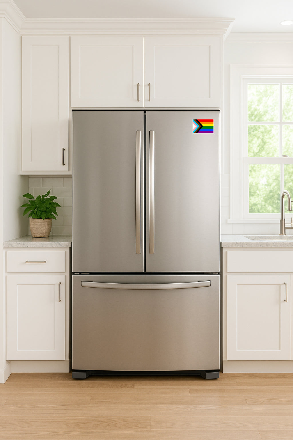 'Progressive Gay Pride Flag' magnet or vinyl decal displayed on a stainless steel refrigerator. A bold, high-quality political sticker perfect for cars, laptops, fridges, or toolboxes. Great for activists, protestors, or anyone fed up with fascism.