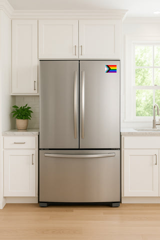 'Progressive Gay Pride Flag' magnet or vinyl decal displayed on a stainless steel refrigerator. A bold, high-quality political sticker perfect for cars, laptops, fridges, or toolboxes. Great for activists, protestors, or anyone fed up with fascism.