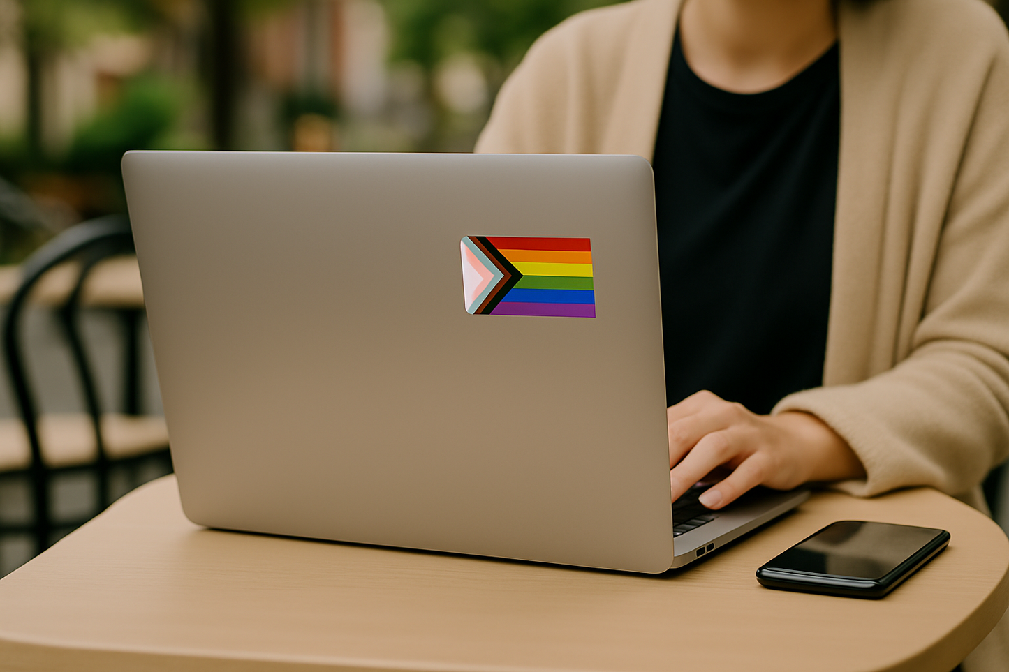 'Progressive Gay Pride Flag' magnet or vinyl decal displayed on the back of a laptop. A bold, high-quality political sticker perfect for cars, laptops, fridges, or toolboxes. Great for activists, protestors, or anyone fed up with fascism.