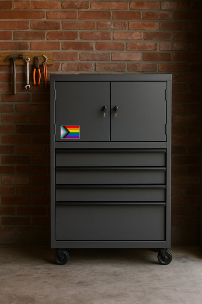 Progressive Gay Pride Flag' magnet or vinyl decal displayed on a black tool cabinet. A bold, high-quality political sticker perfect for cars, laptops, fridges, or toolboxes. Great for activists, protestors, or anyone fed up with fascism.