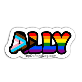 Sticker with the word “ALLY” filled with progress pride flag colors and outlined in white