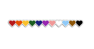 Twelve colorful hearts arranged in a row to represent the Progress Pride Flag, including red, orange, yellow, green, blue, purple, pink, white, light blue, brown, and black.