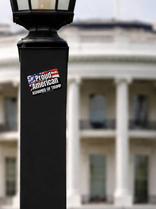 A "Proud American Ashamed of Trump" sticker is stuck to a black metal lamp post in the foreground. The background features a heavily blurred view of the White House north portico, creating a symbolic political context.