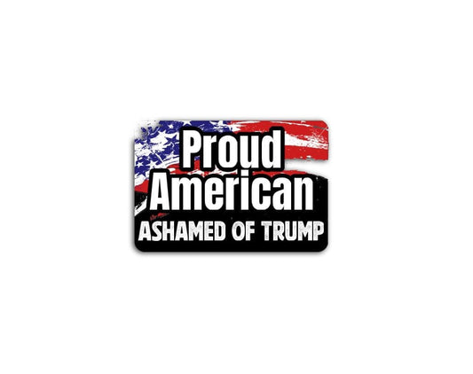 Proud American Ashamed of Trump magnet on the back of a car, expressing patriotism and political dissent.