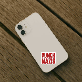 Punch Nazis anti fascist sticker on beige iPhone case, political protest laptop and phone decal
