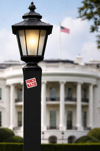Punch Nazis anti fascist sticker on black lamp post with White House background, political protest statement decal