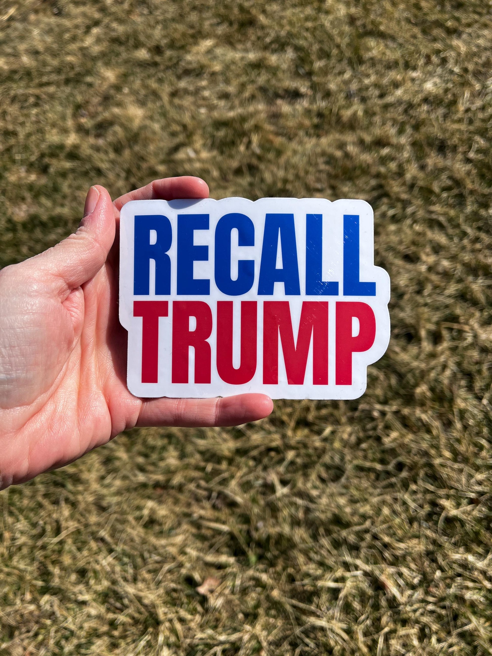 Recall Trump magnet held in hand, expressing strong opposition to Trump and support for democratic values