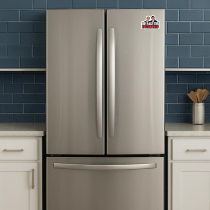 refrigerator with magnet that features photo of trump and epstein and the words release the epstein files.