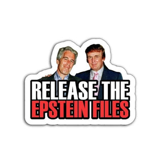 Image of sticker that features photo of trump and epstein and the words release the epstein files.