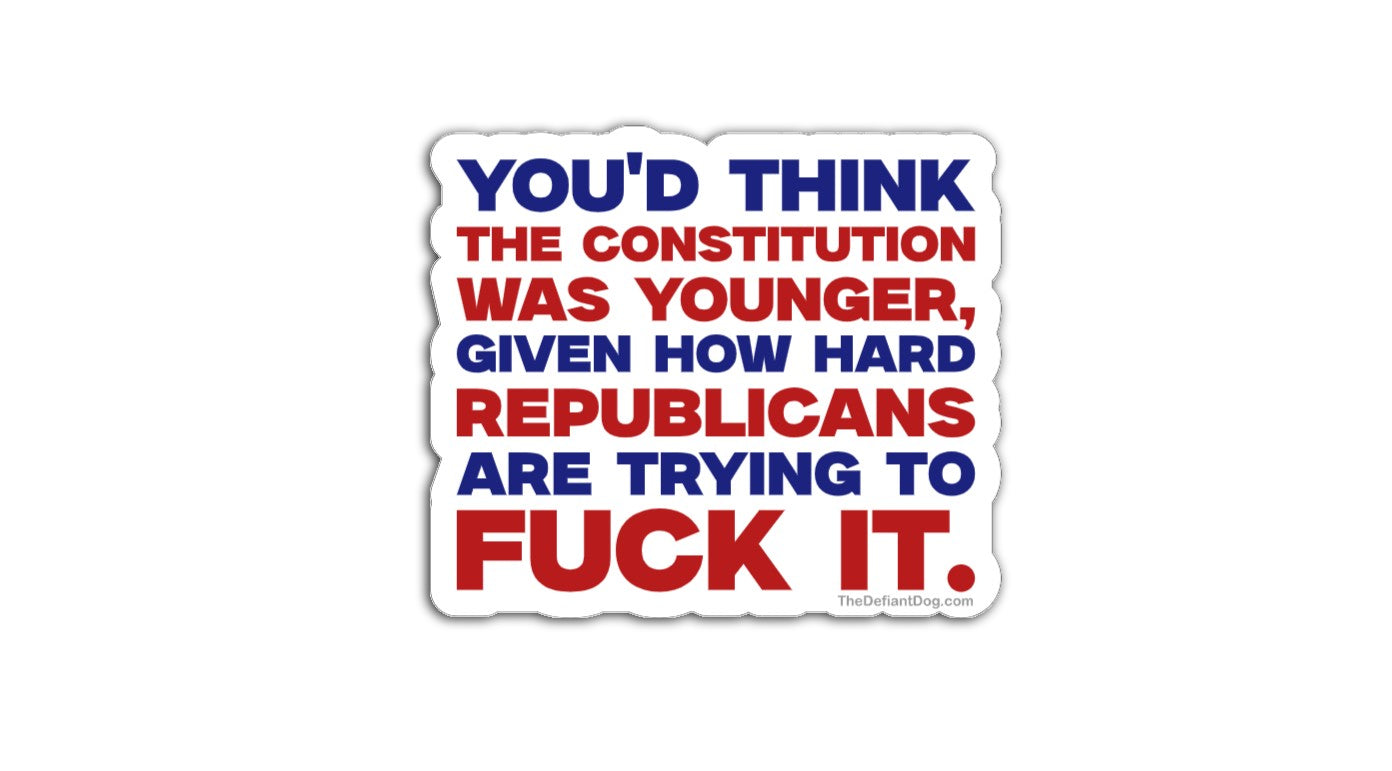 Sticker with political text design on a white background