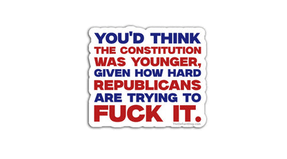 Sticker with political text design on a white background