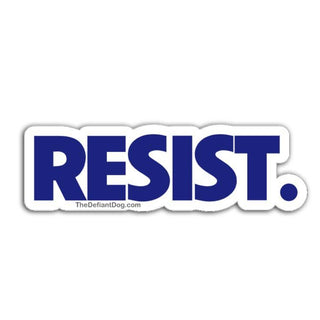Resist bold blue text die-cut political protest sticker on white background.