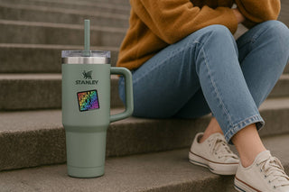 Person sitting on steps with a green Stanley tumbler