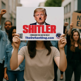 a sign being held at a protest with trumps face and Hitler's mustache with the words SHITLER
