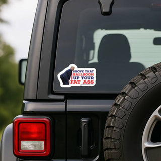 Funny anti-Trump ballroom protest vinyl decal displayed on the rear window of a black Jeep near its spare tire, with bold patriotic red, white, and blue political lettering.