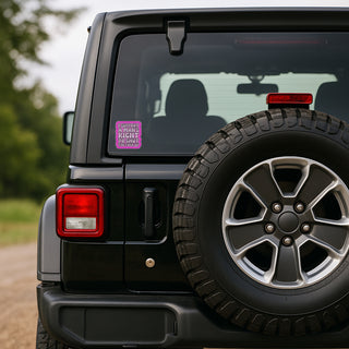 I Support A Man’s Right To Shut The Fuck Up vinyl sticker on Jeep rear window, feminist protest car window decal