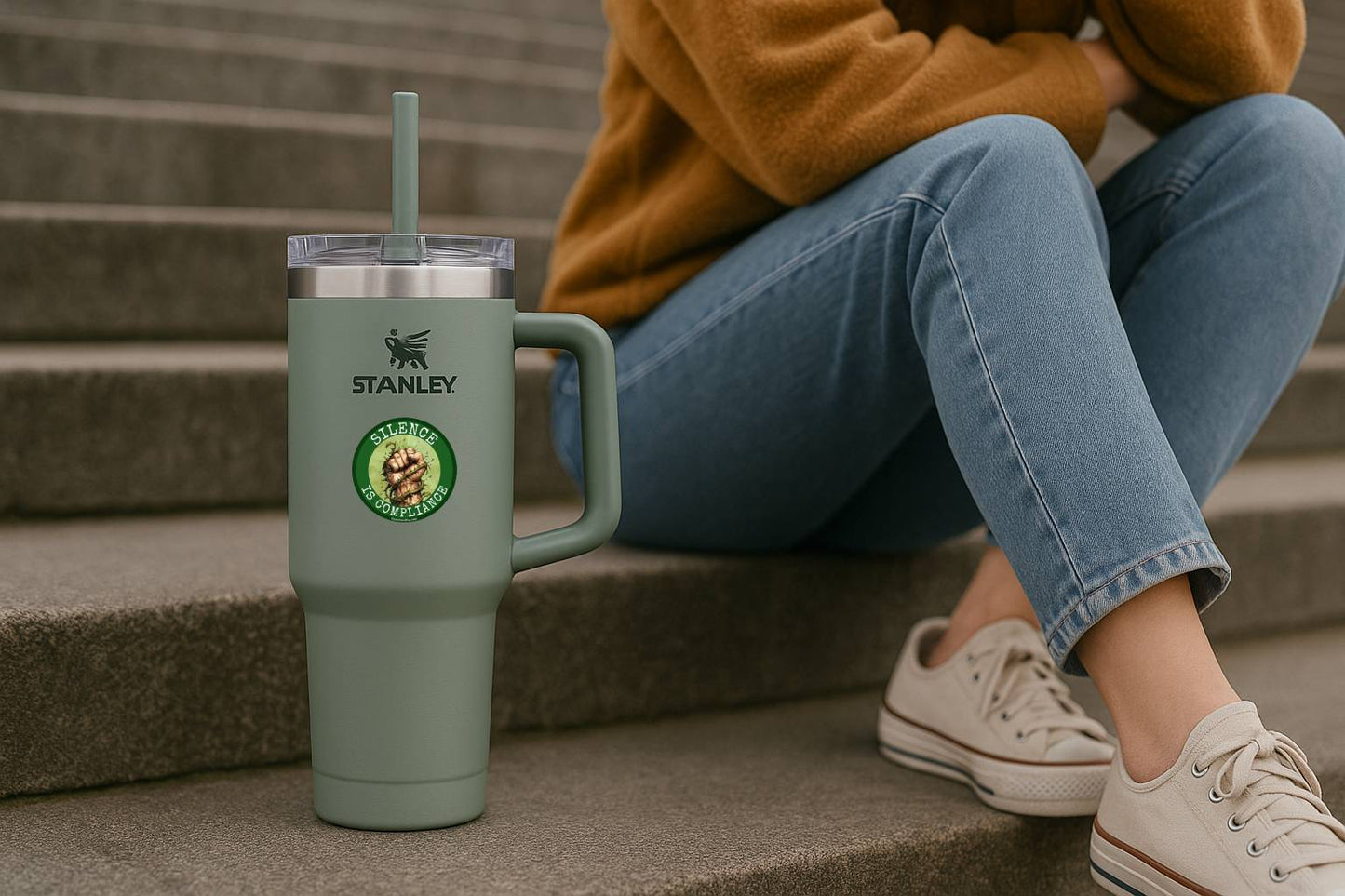 Person sitting on steps with a Stanley tumbler in front
