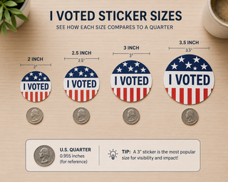 A size comparison chart for 'I Voted' stickers showing four circular stickers labeled 2 inch, 2.5 inch, 3 inch, and 3.