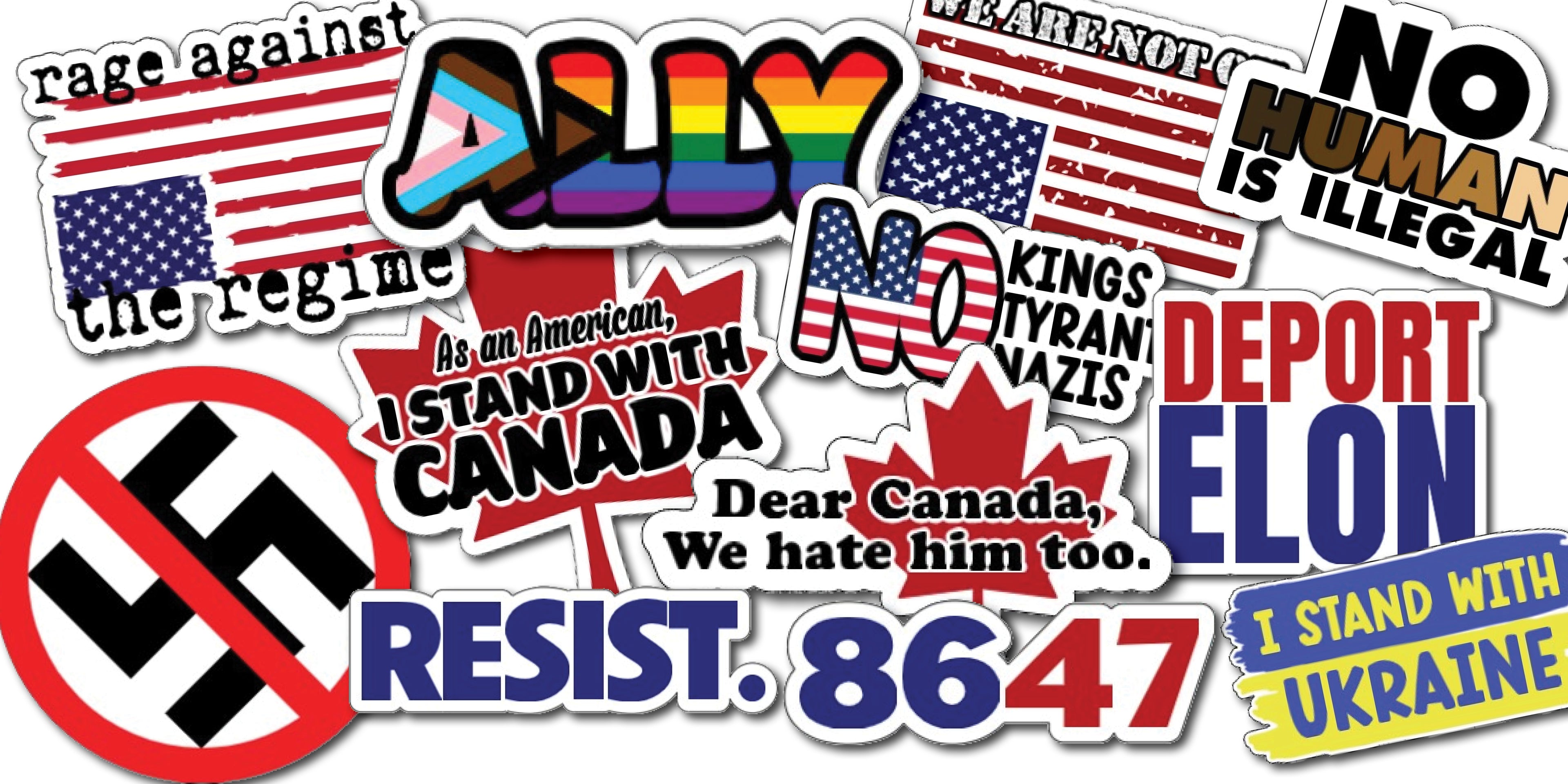 Collection of political and social movement stickers with various messages.