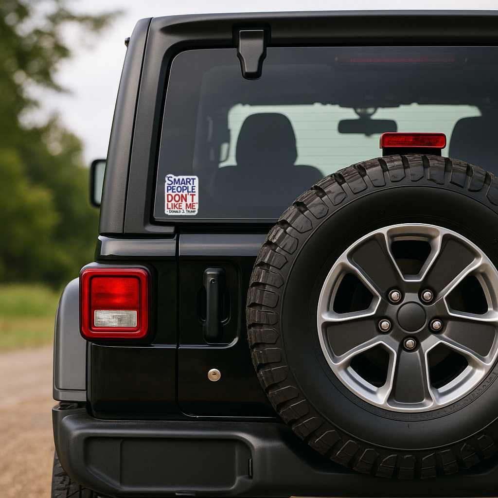 Black Jeep with a tire on the back, featuring a humorous sticker that has the quote from Donald Trump that says "smart people don't like me" on the rear window.