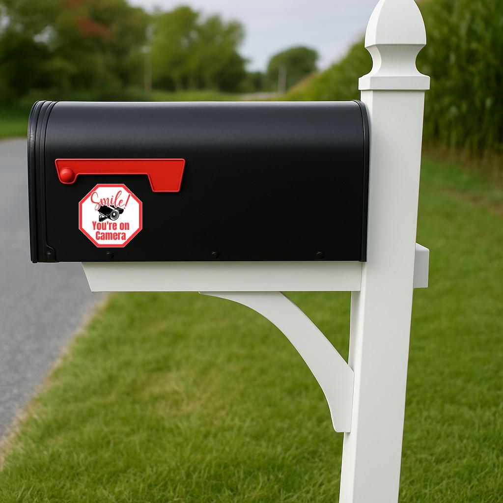 'Smile You're on Camera Decal or' magnet or vinyl decal displayed on mailbox