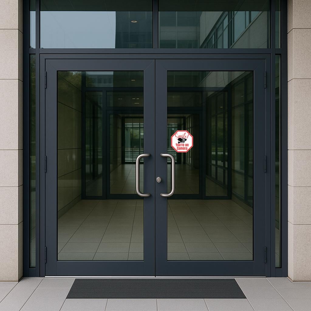 'Smile You're on Camera Decal or' magnet or vinyl decal displayed on an office building door.
