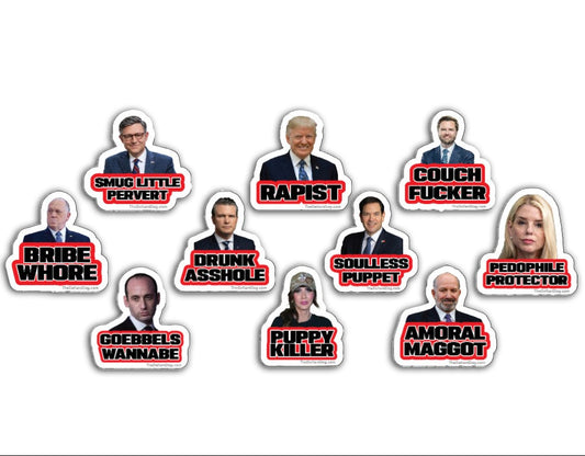 Set of stickers with various derogatory labels on a white background