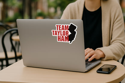 'Team Pork Roll or Team Taylor Ham' magnet or vinyl decal displayed on the back of a black SUV. A bold, high-quality political sticker perfect for cars, laptops, fridges, or toolboxes. Great for activists, protestors, or anyone fed up with fascism.