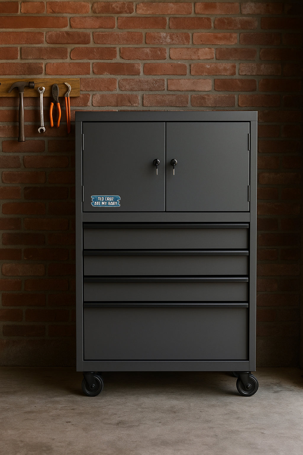 Ted Cruz Ate My Baby' magnet or vinyl decal displayed on a black tool cabinet. A bold, high-quality political sticker perfect for cars, laptops, fridges, or toolboxes. Great for activists, protestors, or anyone fed up with fascism.