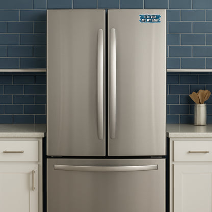 'Ted Cruz Ate My Baby' magnet or vinyl decal displayed on a stainless steel refrigerator. A bold, high-quality political sticker perfect for cars, laptops, fridges, or toolboxes. Great for activists, protestors, or anyone fed up with fascism.