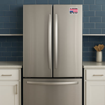'The Horror Persists But So Do I' magnet or vinyl decal displayed on a stainless steel refrigerator. A bold, high-quality political sticker perfect for cars, laptops, fridges, or toolboxes. Great for activists, protestors, or anyone fed up with fascism.