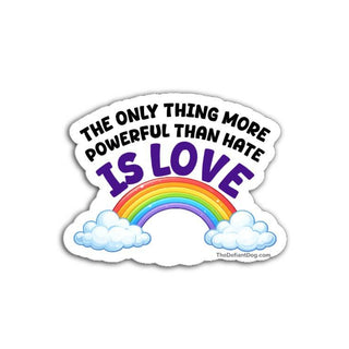 Love is stronger than hate vinyl decal with rainbow and clouds on a clean white background
