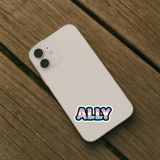 White smartphone with 'ALLY' sticker on wooden surface