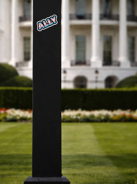 Black pole with 'ALLY' logo in front of a white building with columns