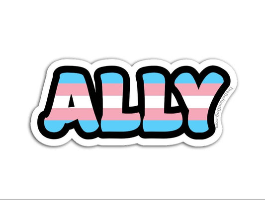 Sticker with 'ALLY' text in the colors of the trans flag on a white background