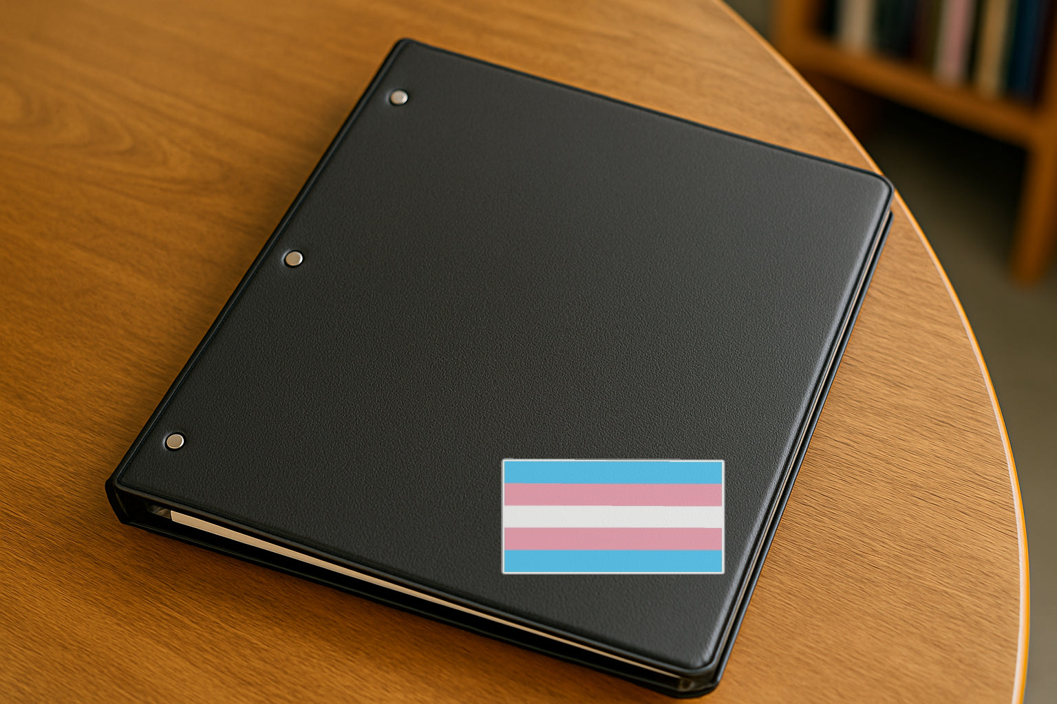 Trans Pride Ally' magnet or vinyl decal displayed on a black binder in a library. A bold, high-quality political sticker perfect for cars, laptops, fridges, or toolboxes. Great for activists, protestors, or anyone fed up with fascism.