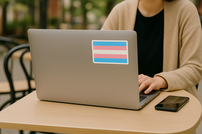 'Trans Pride Ally' magnet or vinyl decal displayed on the back of a laptop. A bold, high-quality political sticker perfect for cars, laptops, fridges, or toolboxes. Great for activists, protestors, or anyone fed up with fascism.