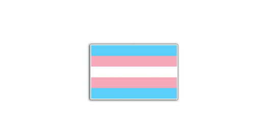 Trans pride flag sticker with light blue, pink, and white horizontal stripes
