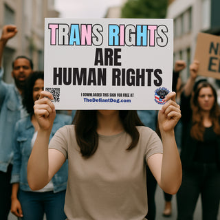 Free protest sign that says 'Trans Rights Are Human Rights' in pastel blue, pink, and black text