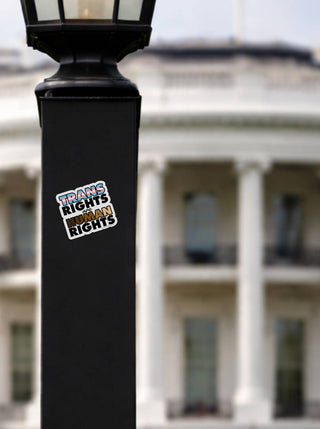 Trans Rights Are Human Rights Anti Trump protest sticker on black lamp post with White House background, political activism vinyl decal supporting LGBTQ equality and transgender human rights