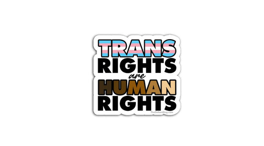 Trans Rights Are Human Rights Anti Trump sticker with transgender pride flag colors and bold typography on white background, progressive LGBTQ equality vinyl decal from The Defiant Dog activist sticker shop