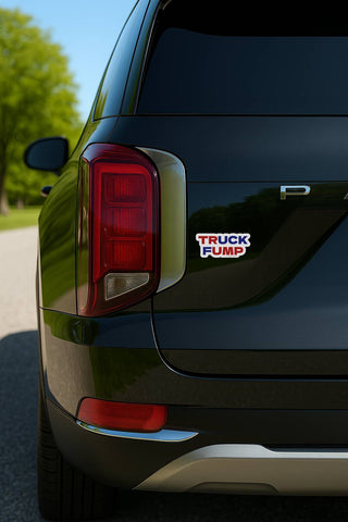 Truck Fump anti Trump political bumper sticker on black SUV rear panel, parody protest car decal, liberal activist vinyl sticker, outdoor weatherproof resistance design