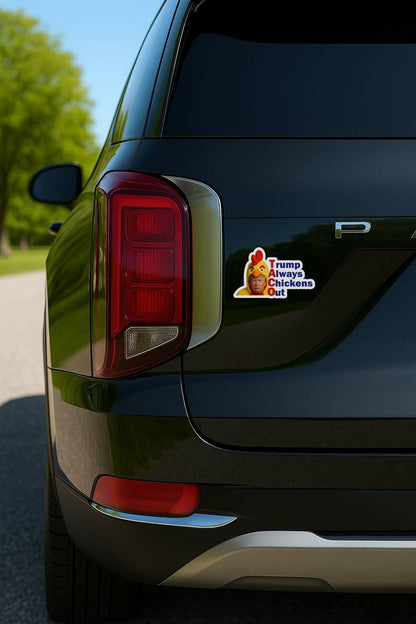 A sticker featuring Donald Trump in a chicken suit with the words Trump Always Chickens Out on a palisade