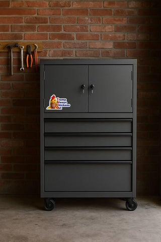A sticker featuring Donald Trump in a chicken suit with the words Trump Always Chickens Out on a tool cabinet