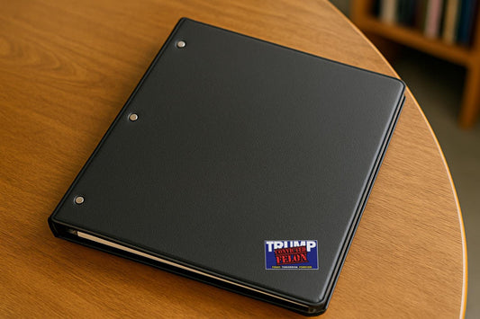 Black Notebook with a sticker with TRUMP in white letters and Convicted Felon in red letter over the white trump on a blue background