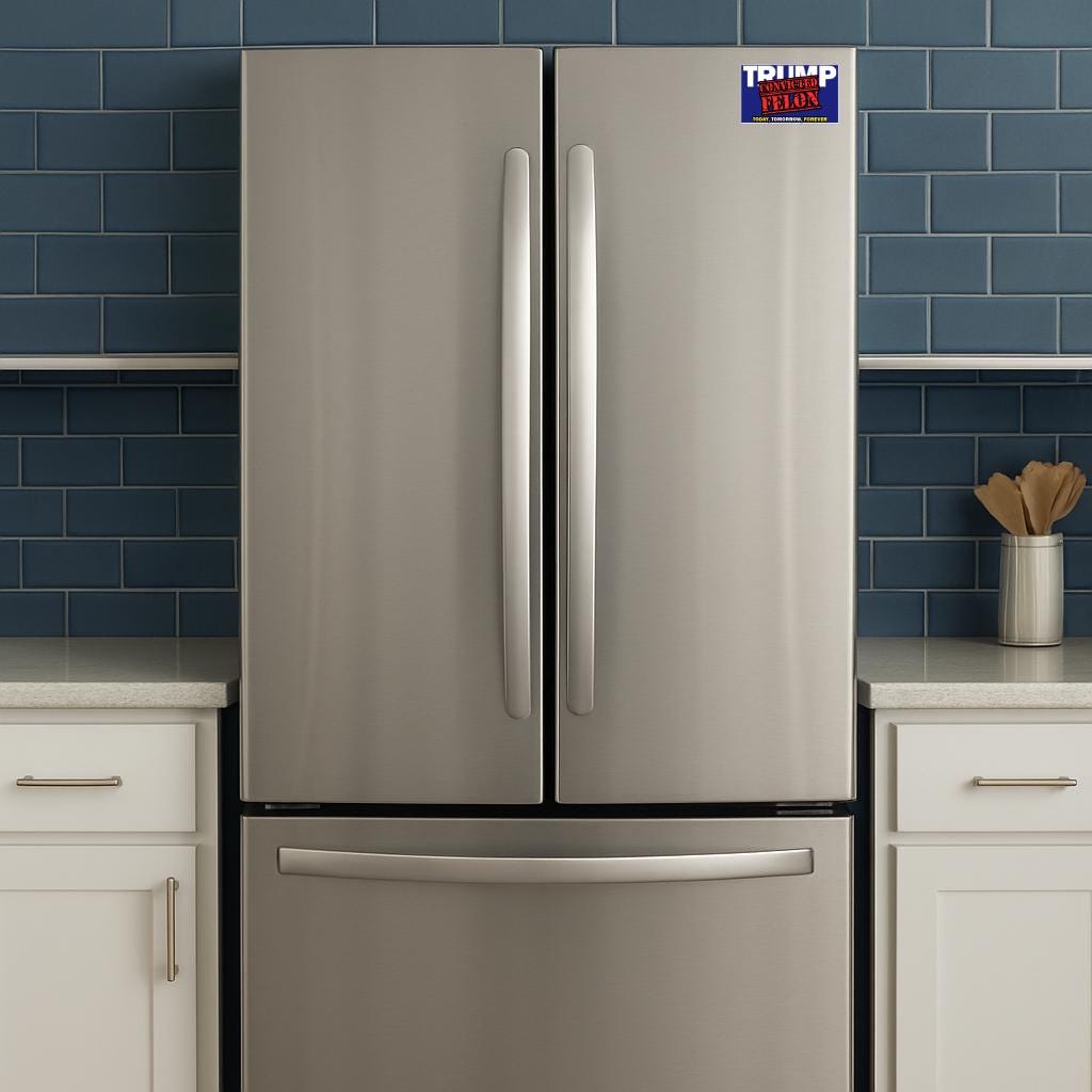 Refrigerator with a sticker with TRUMP in white letters and Convicted Felon in red letter over the white trump on a blue background